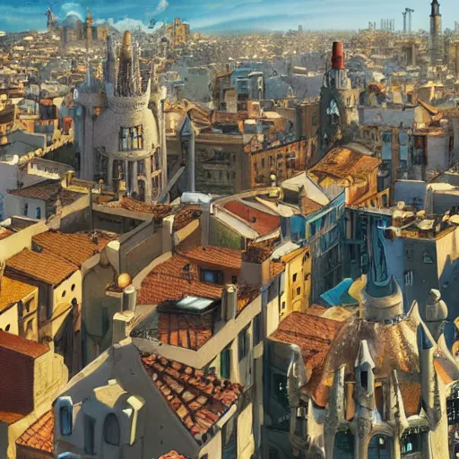 Image similar to a shot of a barcelona as a baroque city in howl's moving castle movie, movie shot, anime, hightly detailed, rescalated 4 k, detailed