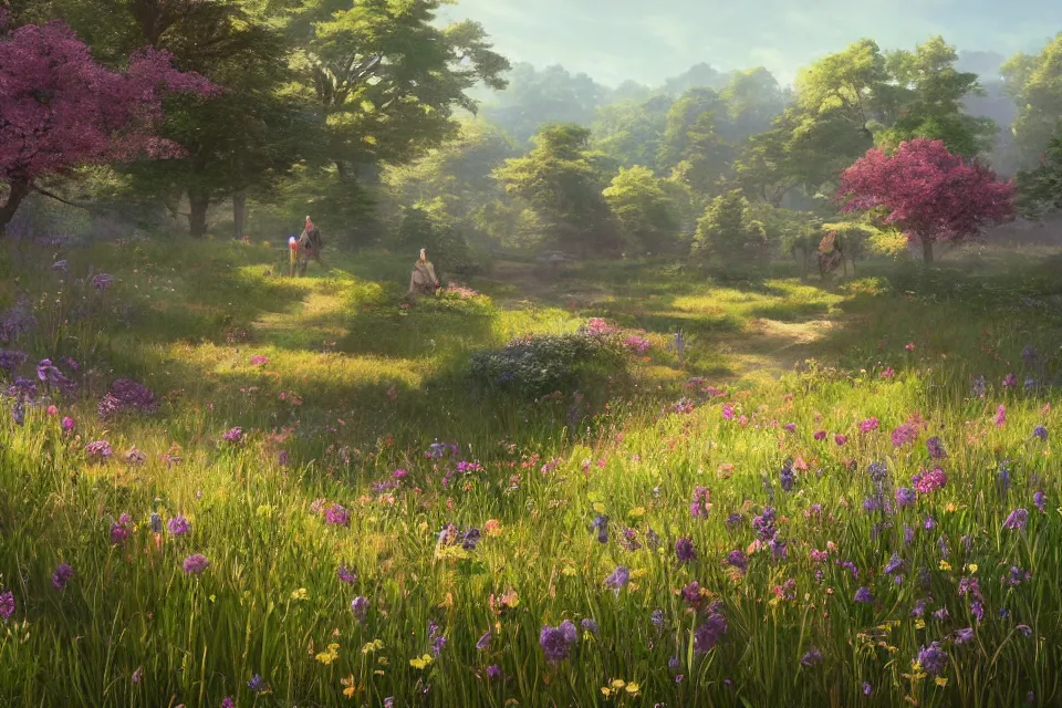 Prompt: Rendering of a scene with a meadow full of tall wild flowers, by Makoto Shinkai and Thomas Kinkade, fantasy matte painting, trending on cgsociety and unreal engine, peaceful, rural, volumetric lighting, highly detailed, super wide angle