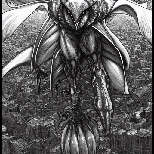 Prompt: portrait barn owl cthulhu by yusuke murata and masakazu katsura, artstation, highly - detailed, cgsociety, artstation, pencil and ink, fighting pose, city in the background, dark colors, detailed face