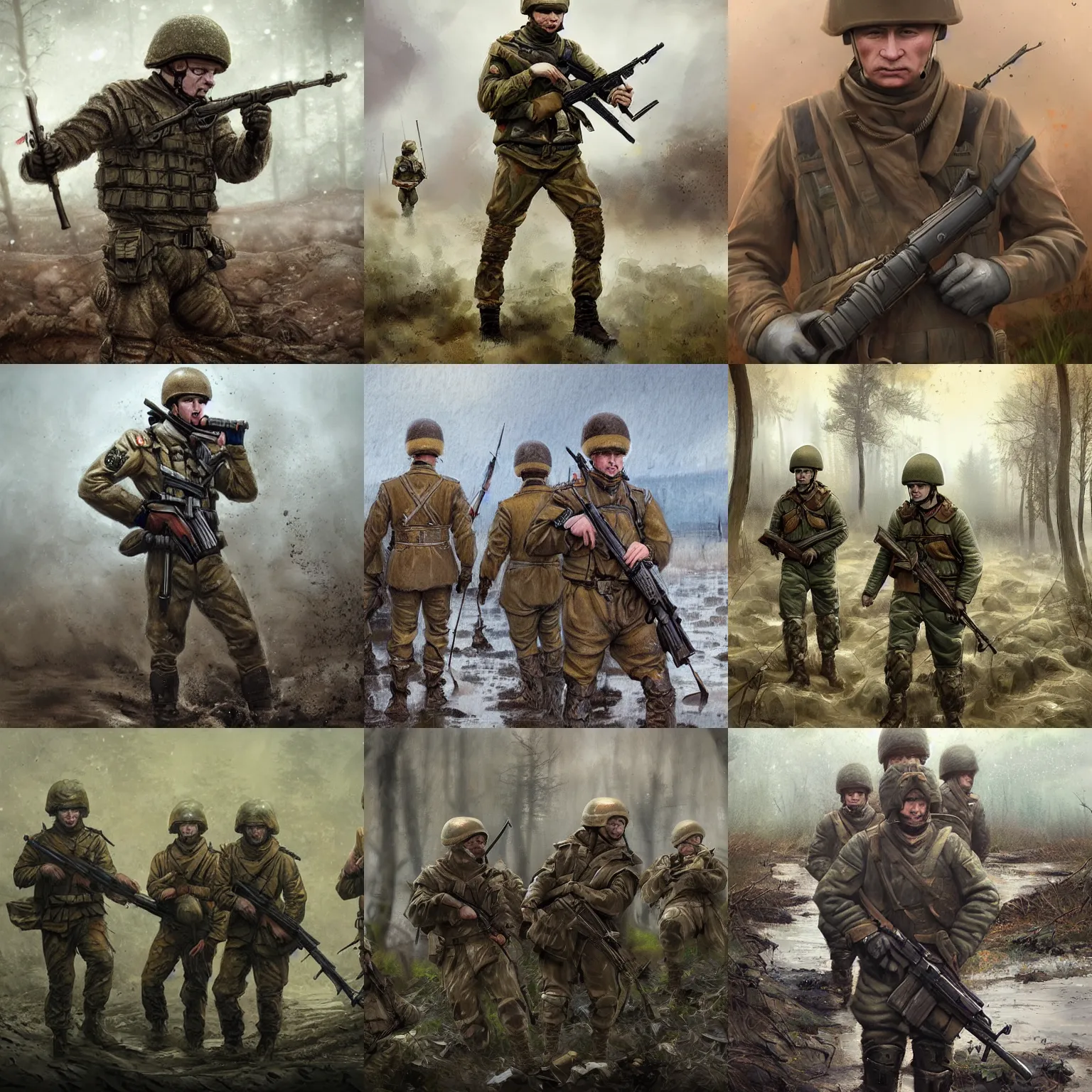 Prompt: Russian army infantry soldiers, with Vladimir Putin, stuck in mud, dirty, despair, Charlie Bowater, Tom Bangshaw, artstation, artgem,