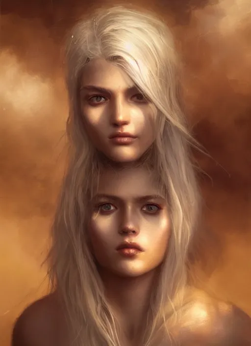 Image similar to girl with unkempt gold and silver hair, beautiful highly detailed face, complementary lighting, backlit, eyeshadow, divine, beautiful painting by artgerm and greg rutkowski and raymond swanland