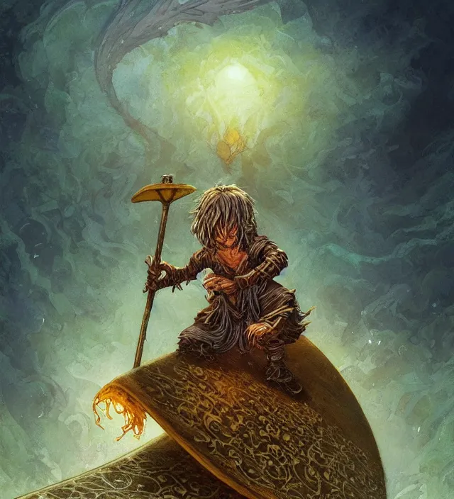 Prompt: a tiny sumerian wizard who rides surfing on a leaf, cinematic atmospheric lighting, dark, atmospheric, brooding, painted by rebecca guay, intricate, ultra - fine details by dave dorman, vibrant colours by anato finnstark well composed, best on artstation, cgsociety, epic, stunning, gorgeous, intricate details, wow, masterpiece