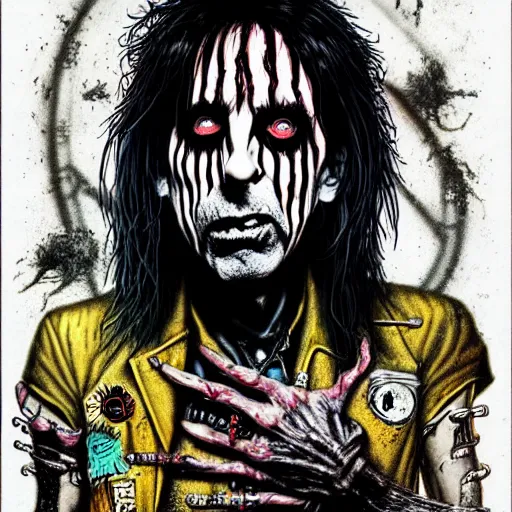 Image similar to graphic illustration, creative design, alice cooper as rob zombie, biopunk, francis bacon, highly detailed, hunter s thompson, concept art, mixed media