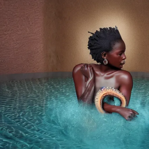 Prompt: a young african tribal woman being bathing in a river filled with octopuses, ultra realistic photography, intricate details, highly detailed, photorealistic, octane render, 8 k