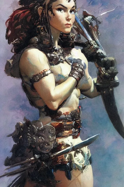 Prompt: a portrait of a cute warrior girl by frank frazetta and ross tran