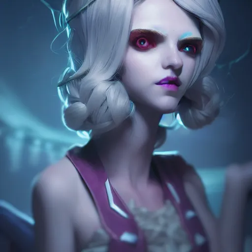 Image similar to Portrait of Orianna from League of Legends, evil, mystery, fear, highly detailed, ominous vibe, smoke, octane render, cgsociety, artstation, trending on ArtStation, by Marie Magny