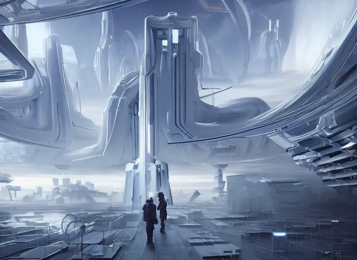 Image similar to cult of technology, exterior, scifi, temple, machines, robots, ultra realistic, transparent labs, metallic surface, highly detailed, white, futuristic landscape, city, utopian architecture, atmosphere, masterpiece, portals, epic lighting, glowing wires, mysterious, 4 k, cinematic, art by patryk olkiewicz and chris ostrowski and liang yao