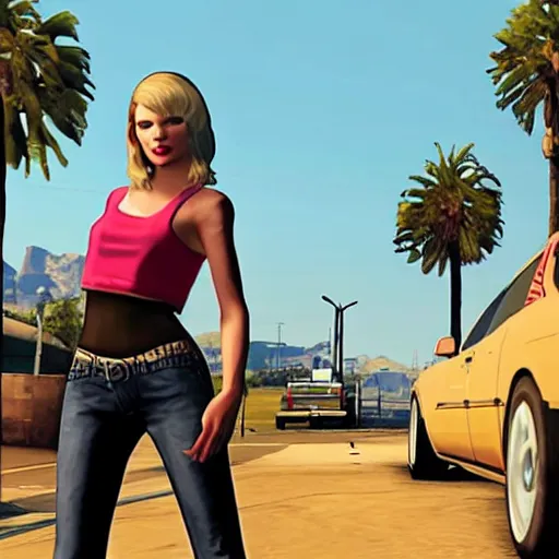 Prompt: A GTA 5 game loading screen featuring Taylor Swift