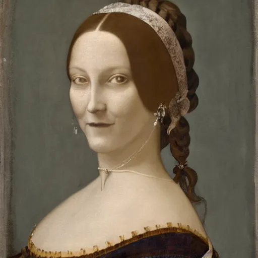 Image similar to a portrait of a woman with a mysterious smile. She is wearing a white dress and her hair is pulled back. Her eyes are slightly downcast, and she has a small mouth in style DaVinci