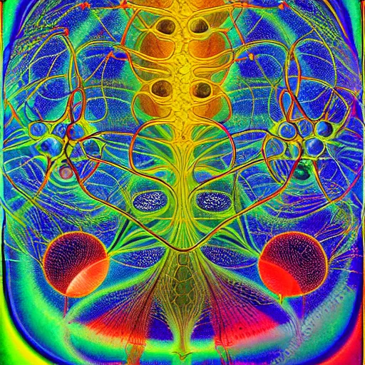 Image similar to quantum connections represented as symbiotic organisms like cells playing around with colorful lights by ernst haeckel