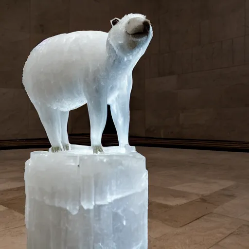 Prompt: ice carving of a capybara set up on a marble pillar at a modern museum, brightly lit