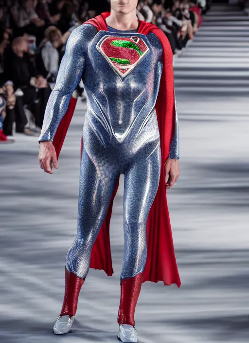 Image similar to hyperrealistic and heavy detailed moncler runway show of superman, leica sl 2 5 0 mm, vivid color, high quality, high textured, real life