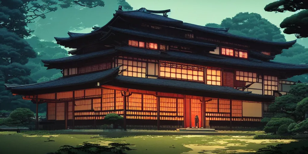 Image similar to twilight lighting, moody, atmospheric, solarpunk, old traditional japanese sleek modern mansion made of wood in a green garden, with a front porch, on the lonely hill by ghibli studio and victor ngai, ghost in the shell, akira, pixar highly detailed, 8 k h 5 7 6