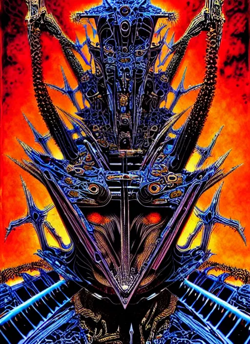 Prompt: Metal Hurlant cover by Philippe Druillet, rich deep colors. masterpiece . intricate artwork, very coherent symmetrical artwork, cinematic, hyper realism, high detail, octane render, unreal engine, 8k, Vibrant colors, Smooth gradients, High contrast, depth of field. character drawing, clean ink detailed line drawing, intricate detail, extremely detailed.