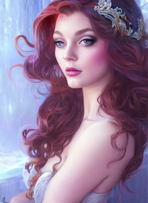 Image similar to glamorous princess ariel portrait, seductive eyes and face, elegant, very detailed face, studio lighting, photorealism, portrait by magali villeneuve and steve argyle, livia prima, mucha, dress, fantasy art, beautiful, artstation, trending on artstation, intricate details, alluring, masterpiece