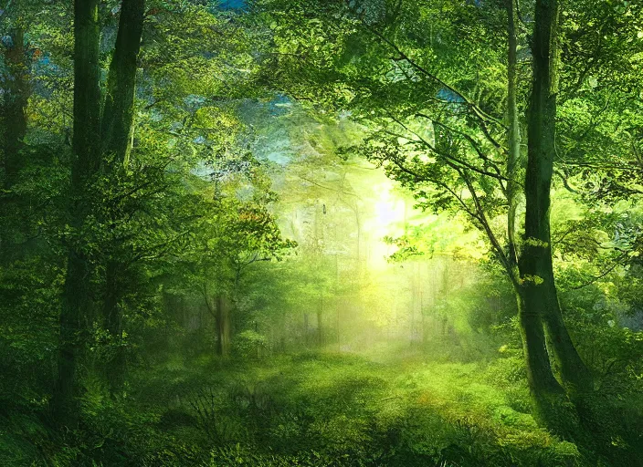 Prompt: Old oak forest trail, lush vegetation, gentle rays of sun, fallen leaves atmospheric, hyper detailed, digital art