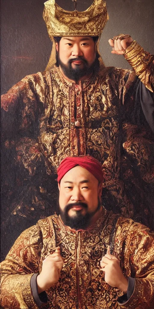 Image similar to Highly detailed and cinematic Renaissance period portrait oil painting Kublai Khan, an oil painting ((masterpiece)) by ((Josep Tapiró Baró)), dynamic lighting, 8K