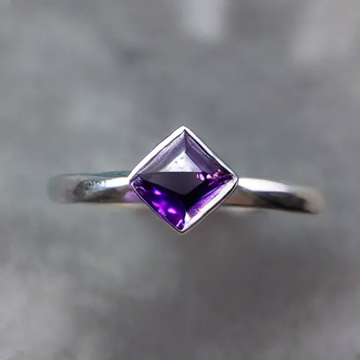 Prompt: a beautiful engagement ring, triangle purple gemstone, made out of shiny silver, high quality, photo realistic, detailed, 8k