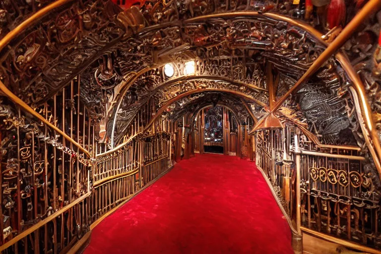 Image similar to the interior of the organ room at house on the rock made of red carpet and black wrought - iron, and is full of curved elevated walkways, interwoven catwalks, spiral ramps, and twisted staircases that are surrounded by cluttered arrangements of parts of pipe organs, clock gears, and engine components.