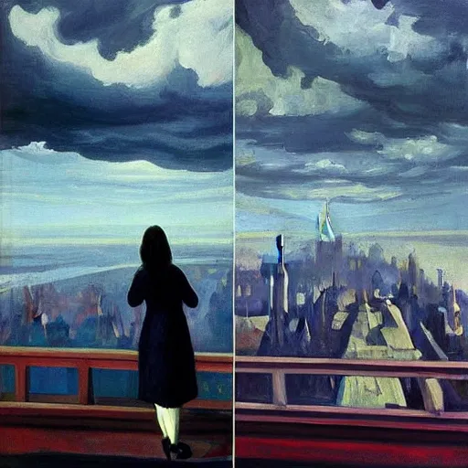 Prompt: “ a girl looking down at a futuristic new york city below, ghostpunk, detailed face, oil painting, stormy sky, by george bellows and edward hopper ”