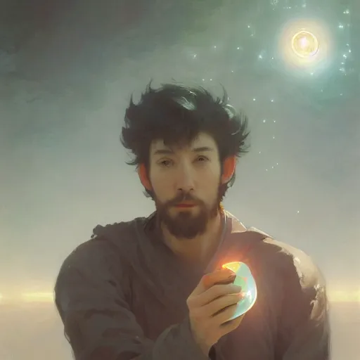 Image similar to A man drinking a cup of cosmic energy bright light, illustration by Ruan Jia and Mandy Jurgens and William-Adolphe Bouguereau, Artgerm, 4k, digital art, surreal, anime style, space dandy style, highly detailed, godsend, artstation, digital painting, concept art, smooth, sharp focus, illustration by Ruan Jia and Mandy Jurgens and William-Adolphe Bouguereau, Artgerm