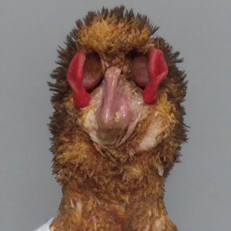 Image similar to chicken headed human, mugshot