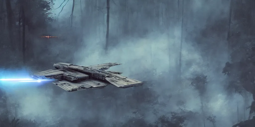 Image similar to a painting of a cinematic keyframe of star wars a destroyed x - wing fighter in dagobah's forest, heavy atmosphere and smoke by greg rutkowski, rule of thirds, golden ratio, ambient lighting, wlop, artgerm, artstation, highly detailed masterpiece, dark fantasy art, high detail, trending on artstation