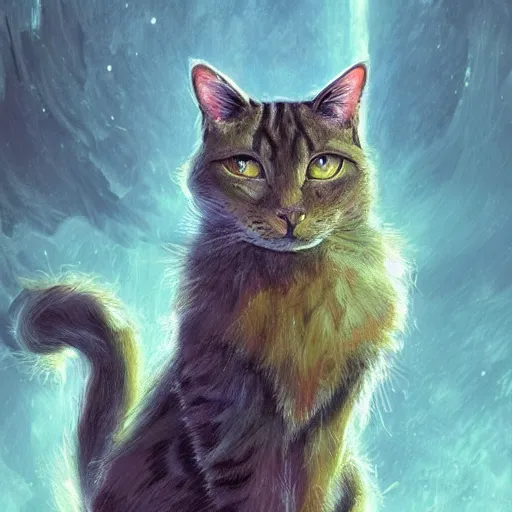 Image similar to a cat with a halo, highly detailed, fantasy, concept art, large yellow eyes, smooth art, illustration; background of florals, nature; sharp focus, artstation, digital art, art by clara mcallister,