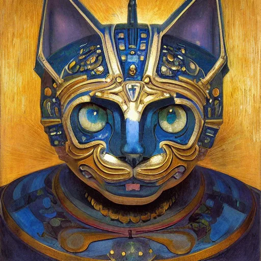 Image similar to masterpiece painting of an ornate bejeweled robot cat head, by annie swynnerton and diego rivera and nicholas roerich and jean delville, symbolist, dramatic lighting, god rays, elaborate geometric ornament, art brut, rich colors, smooth, sharp focus, extremely detailed, adolf wolfli and ( donato giancola )