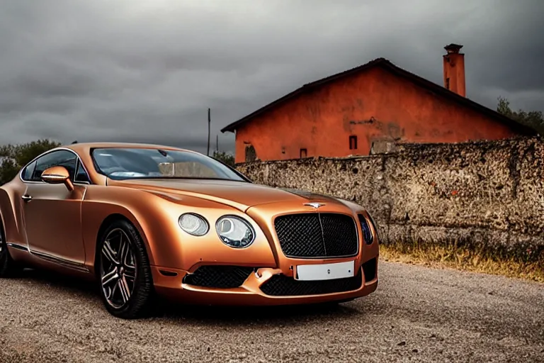 Image similar to modern rusty matte tired Bentley Continental GT without gloss no reflections drives along the road of an old Russian village with houses at the edges