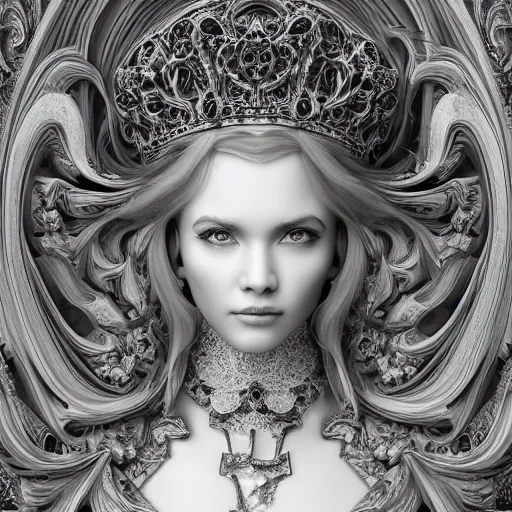 Image similar to wonderful princess made of marble, beautiful face, hyper detailed, flowing psychadelic background intricate and detailed, ornate 8 k gorgeous intricate detailed, octane render, black and white