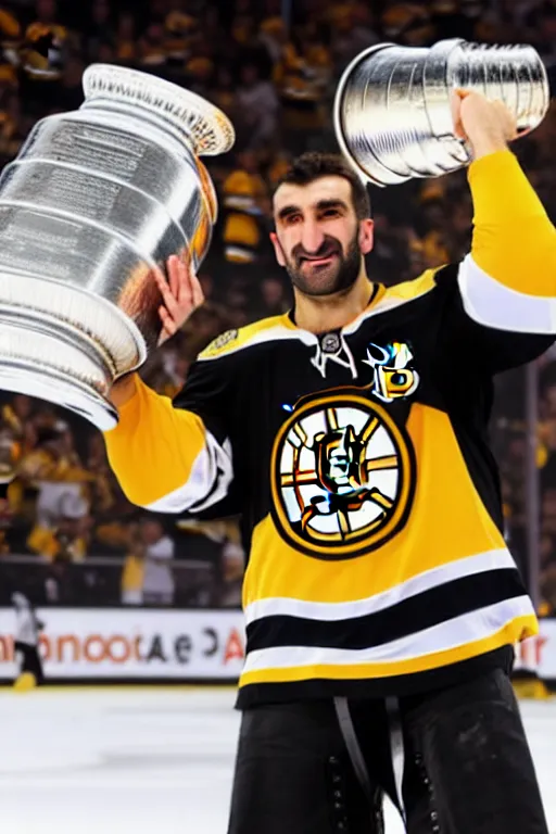 Prompt: patrice bergeron holding the stanley cup boston bruins