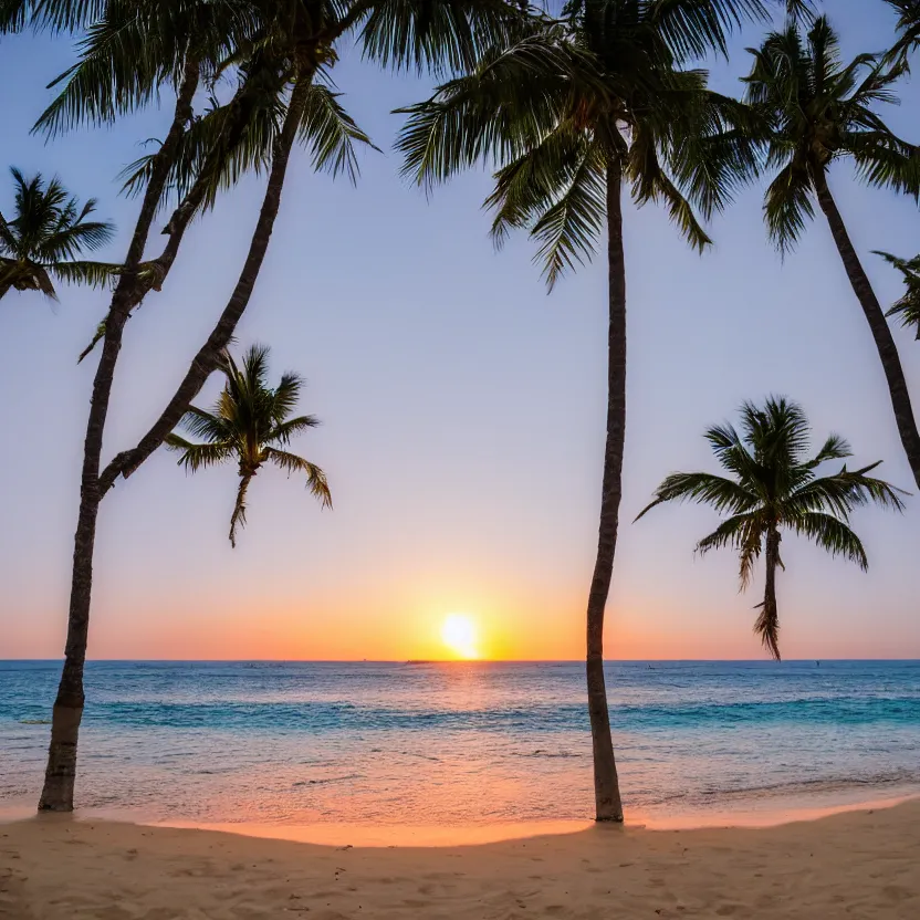 Prompt: sunset on a beach with palmtrees and white sand