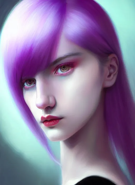 Image similar to hair whitebangs hair, black hair, whitebangs, portrait of teenage girl with white bangs, red irises, purple clothes, white bangs, bangs are different color from hair, intricate, elegant, glowing lights, highly detailed, digital painting, artstation, concept art, smooth, sharp focus, illustration, art by wlop, mars ravelo and greg rutkowski