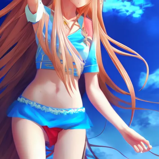 Image similar to a very beautiful yuuki asuna, full body, long wavy blond hair, sky blue eyes, full round face, bikini, miniskirt, front view, mid - shot, cute pose, highly detailed, cinematic wallpaper by stanley artgerm lau