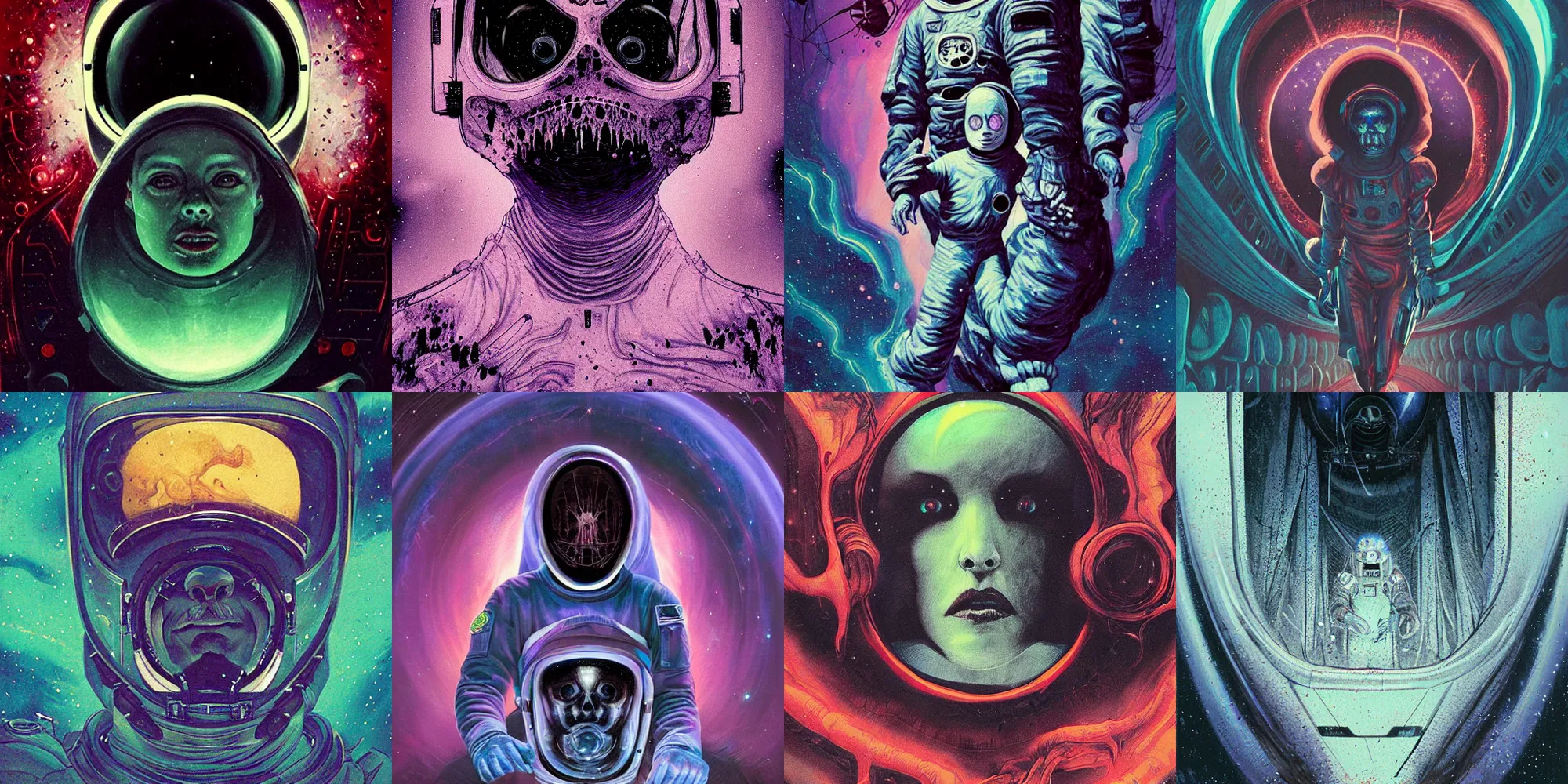 Prompt: beautiful dark astronaut, horror poster 9 0 s, cosmic horror, abstract, ghostly, arcade, duotone, poltergeist, lets get weird, intricate, elegant, highly detailed, digital painting, artstation, smooth, sharp focus, art by mondo, julian del rey and greg rutkowski, david la chapelle, ultraviolet colors,