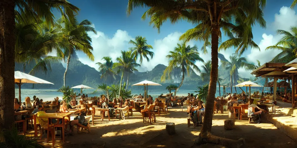 Image similar to a bar on a tropical island, pine trees, sunny, digital art, landscape, fantasy art, octane render, ureal engine, high detail, very realistic, by greg rutkowski. by james gurney