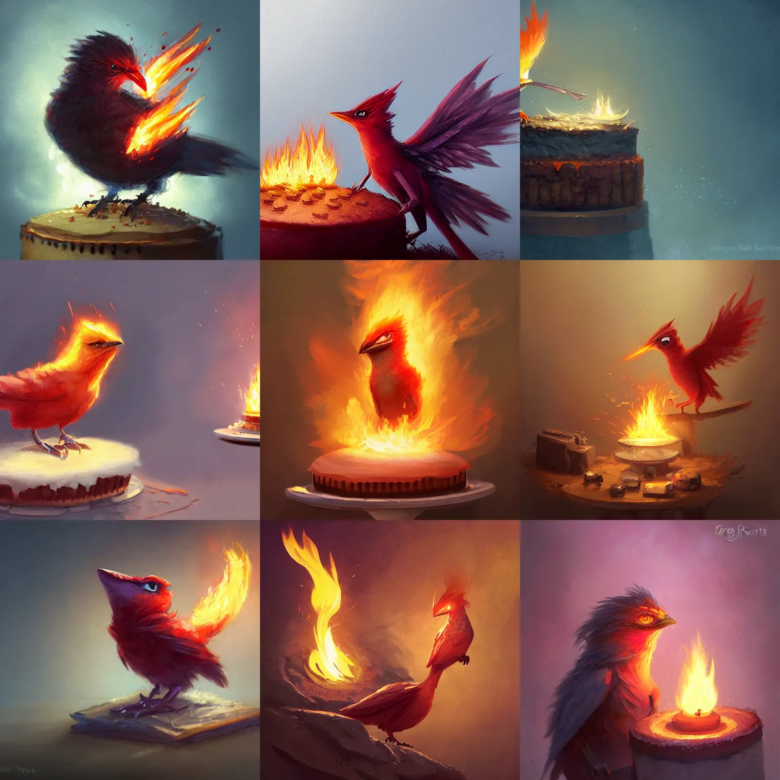 Prompt: a cute adorable small flaming humingfirebird baking a cake deviantart Greg rutkowski