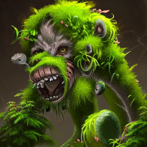 Image similar to A fierce plant monster, highly detailed, digital art, sharp focus, trending on art station, leaves, moss, ferns, ape