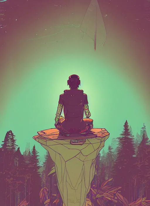 Image similar to an indie game poster of a translucent cyberpunk explorer meditating on an ancient platform in the middle of a dense forest, midnight, risograph by laurie greasley, kawase hasui, josan gonzalez, ghostshrimp, moebius, colourful flat surreal design, in the style of oxenfree, super detailed, a lot of tiny details