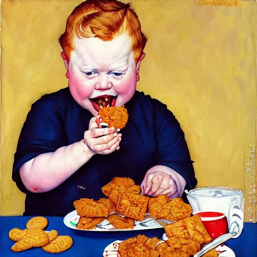 Prompt: painting of a ginger hair chubby boy eating a delicious cholocate chunks cookies, buzz cut, america, norman rockwell