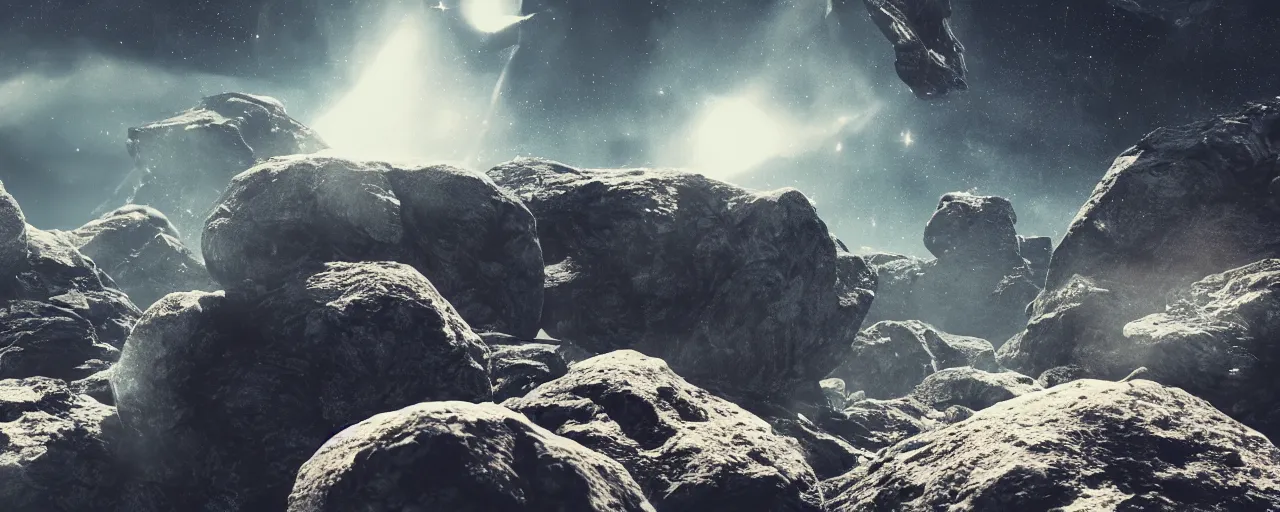 Prompt: ” rocky asteroid in space, [ cinematic, detailed, epic, widescreen, opening, establishing, mattepainting, photorealistic, realistic textures, octane render ] ”