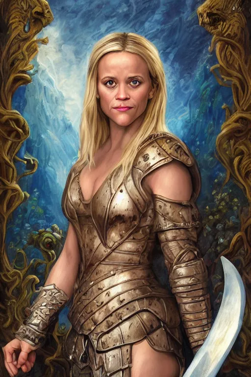 Image similar to A fantasy comic book style portrait painting of, hybrid of Reese Witherspoon, Rachel McAdams, as an Atlantean, Reptilian Warrior, Mystical Valkyrie, Armor, Sword, Spear, Sheild, François Boucher, Oil Painting, unreal 5, DAZ, hype realistic, octane render, Regal, Refined, Coherent, Detailed Digital Art, RPG portrait, William-Adolphe Bouguereau, Michael Cheval, Walt Disney (1937), Steampunk, golden dappled lighting, dynamic lighting, Highly Detailed, Cinematic Lighting, Unreal Engine, 8k, HD