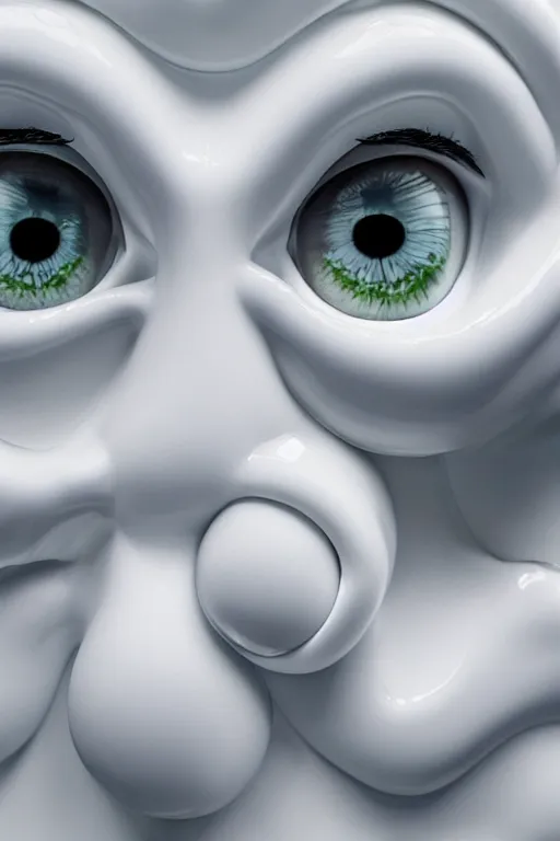 Prompt: full head and shoulders, beautiful porcelain female person, mixed with three giant frog spawn eyes, smooth, delicate facial features, white detailed eyes, white lashes, 3 d white shiny thick, larg tentacles and eyeballs, background is an empty art gallery, by daniel arsham and james jean, featured in pictoplasma