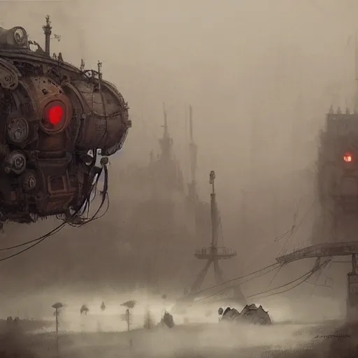 Image similar to gigantic steampunk machine, dense fog, trending on artstation, jakub rozalski