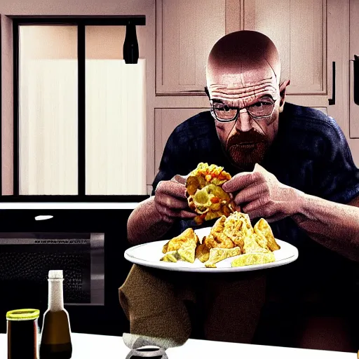 Image similar to Walter white eating chicken in a kitchen, award winning, trending on artstation, unreal engine