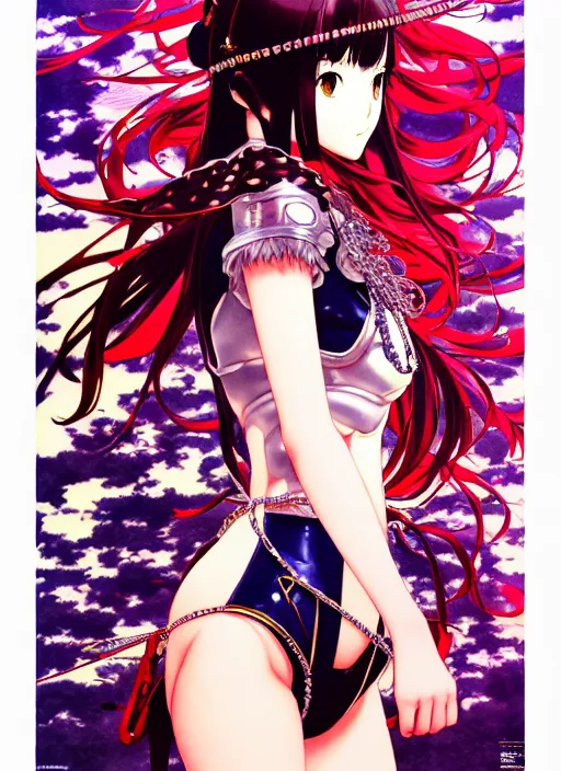 Image similar to highly detailed artstation minaba hideo shigenori soejima fantastic fate katsuhiro otomo manga poster of princess mechine, minaba hideo, artgerm, long hair, armor, laces, ruffles, 8 k, fluorescent, maximalist, jump comics, art nouveau, takato yamamoto