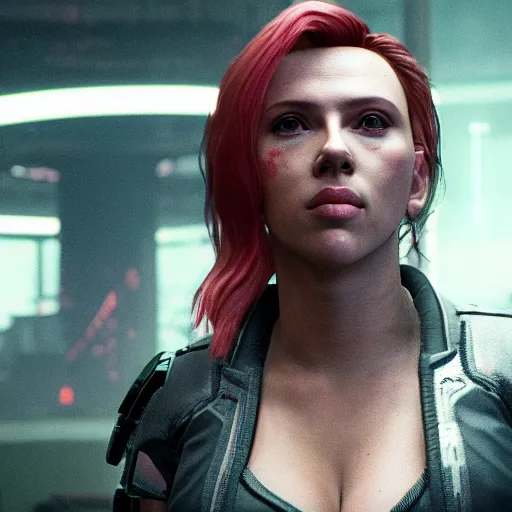 Image similar to injured scarlett johansson after a bad mission in Cyberpunk 2077. CP2077. 3840 x 2160