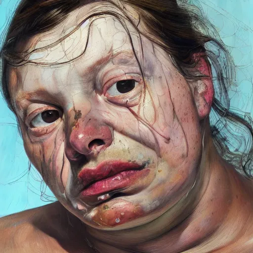 Image similar to high quality high detail painting by lucian freud and jenny saville, hd, anxiety, turquoise