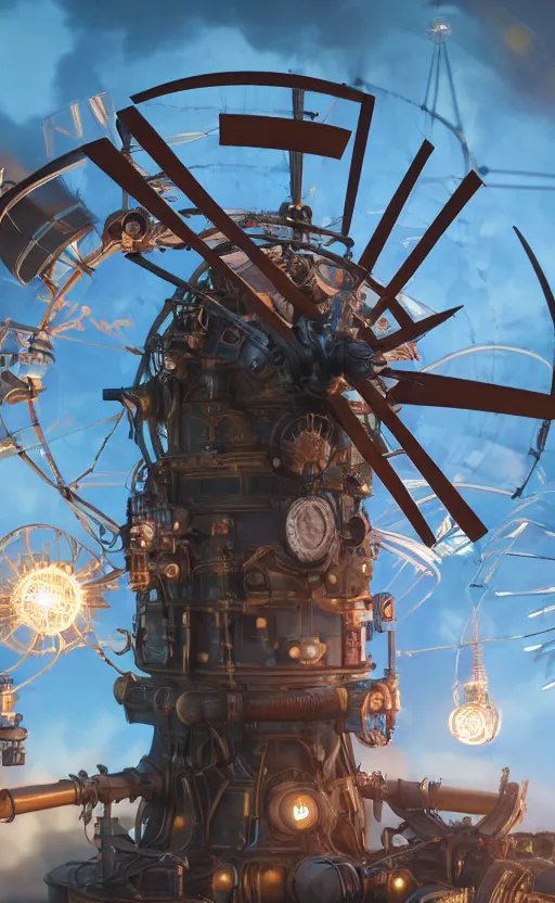 Image similar to a steampunk windmill, zoomed in, spinning fast, robot, blue fire, electricity lightning, concept art, sharp focus, intricate details, very high details, photorealistic, disney pixar, octane render, iridescent, anime, 8 k